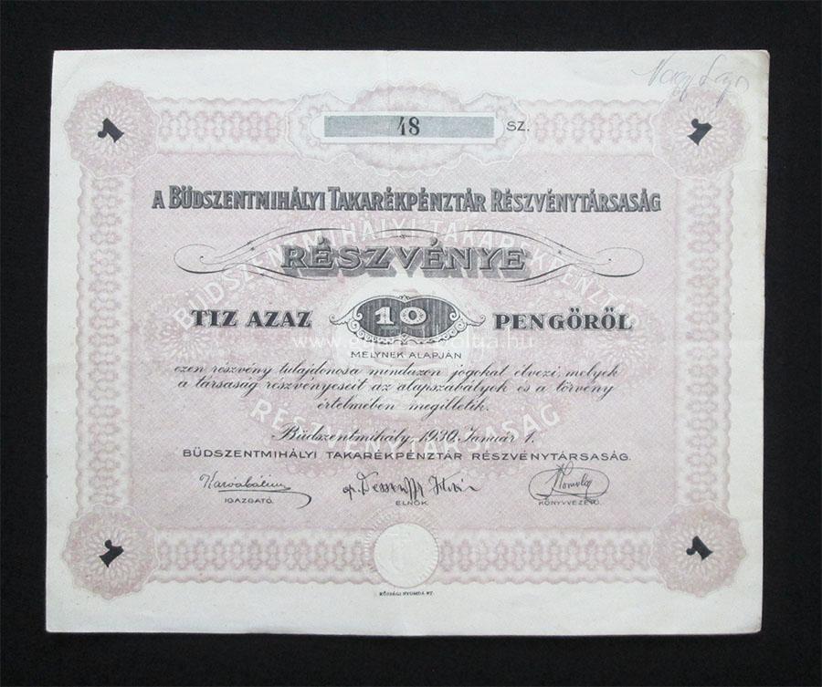 Büdszentmihályi Takarékpénztár részvény 10 pengõ 1930